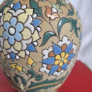 Rare Antique Aguada Toledo Enameled Vase Multicolour Flowers Signed Handmade
